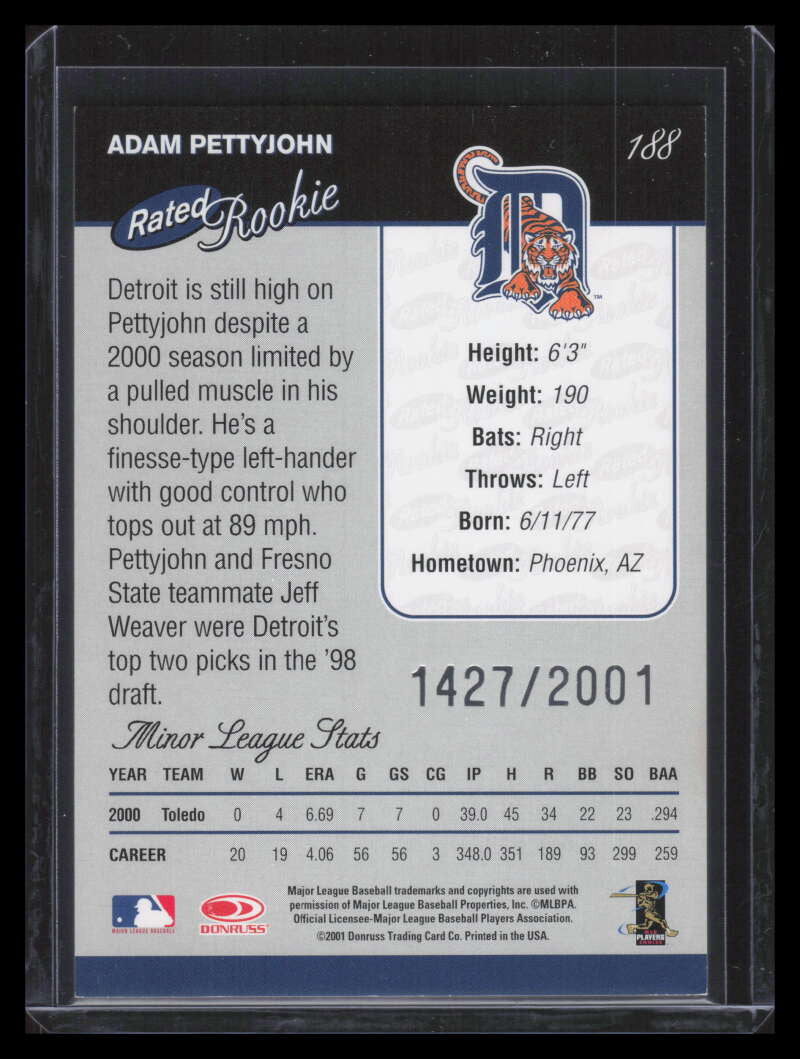 2001 Donruss 188 Adam Pettyjohn RR Rated Rookie 1427/2001
