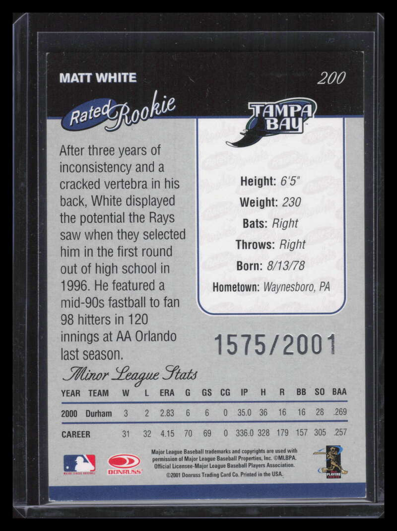 2001 Donruss 200 Matt White RR Rated Rookie 1575/2001