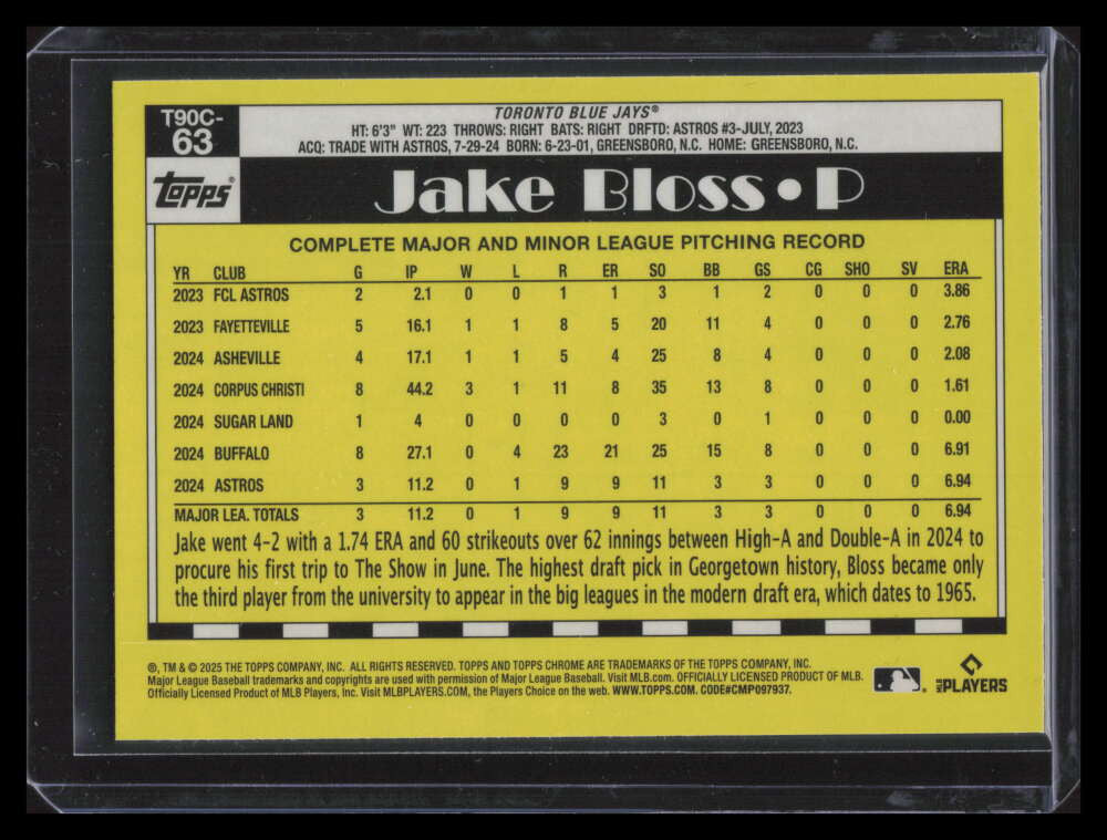 2025 Topps '90 Silver Pack Chrome Blue Refractor t90c63 Jake Bloss Rookie 12/150