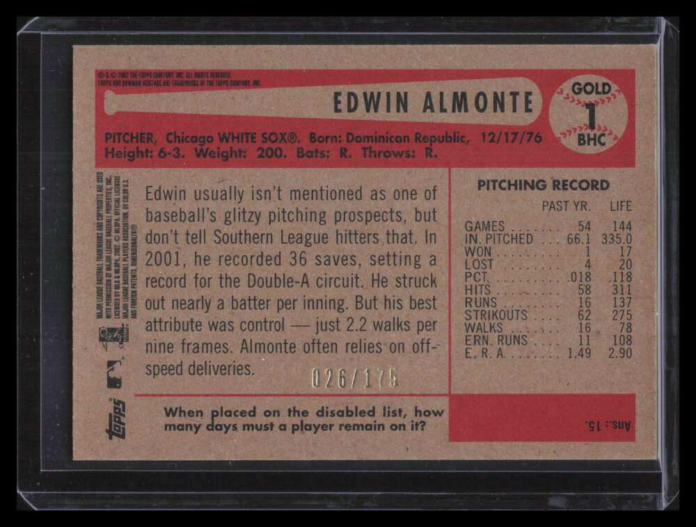 2002 Bowman Heritage Chrome Gold Refractor 1bhc Edwin Almonte Rookie 26/175