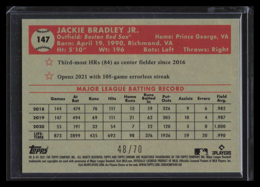 2021 Topps Chrome Platinum Mini Diamond 70th Refractor 147 Jackie Bradley Jr /70