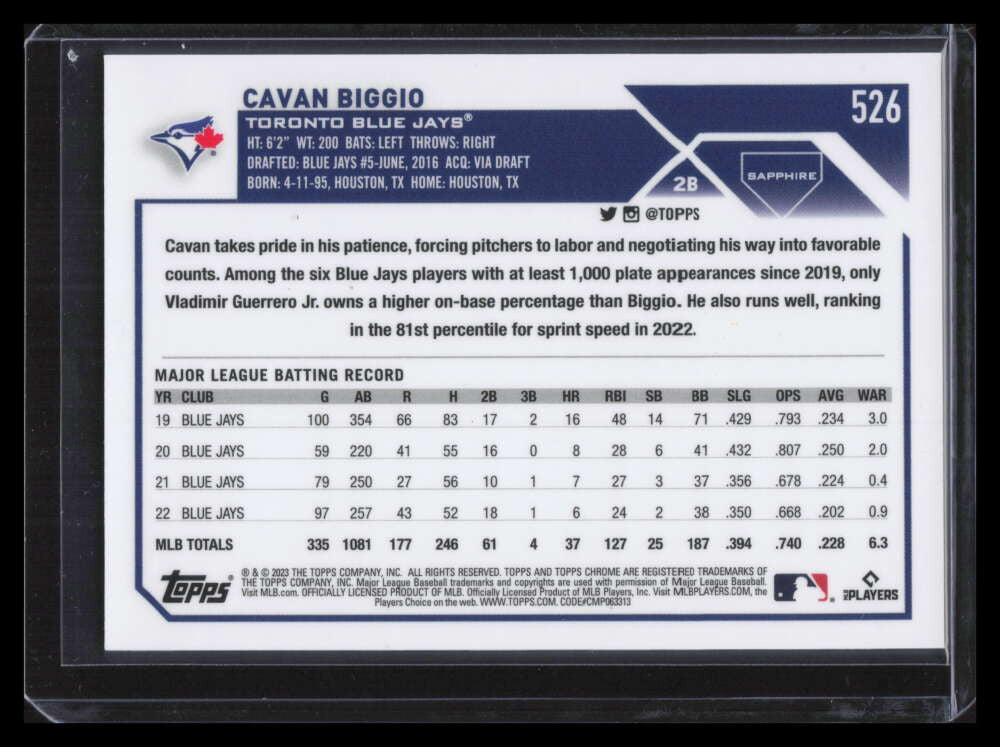 2023 Topps Chrome Sapphire Gold Refractor 526 Cavan Biggio 6/50