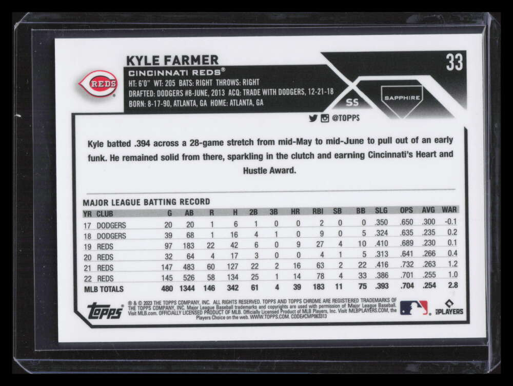2023 Topps Chrome Sapphire Gold Refractor 33 Kyle Farmer 4/50