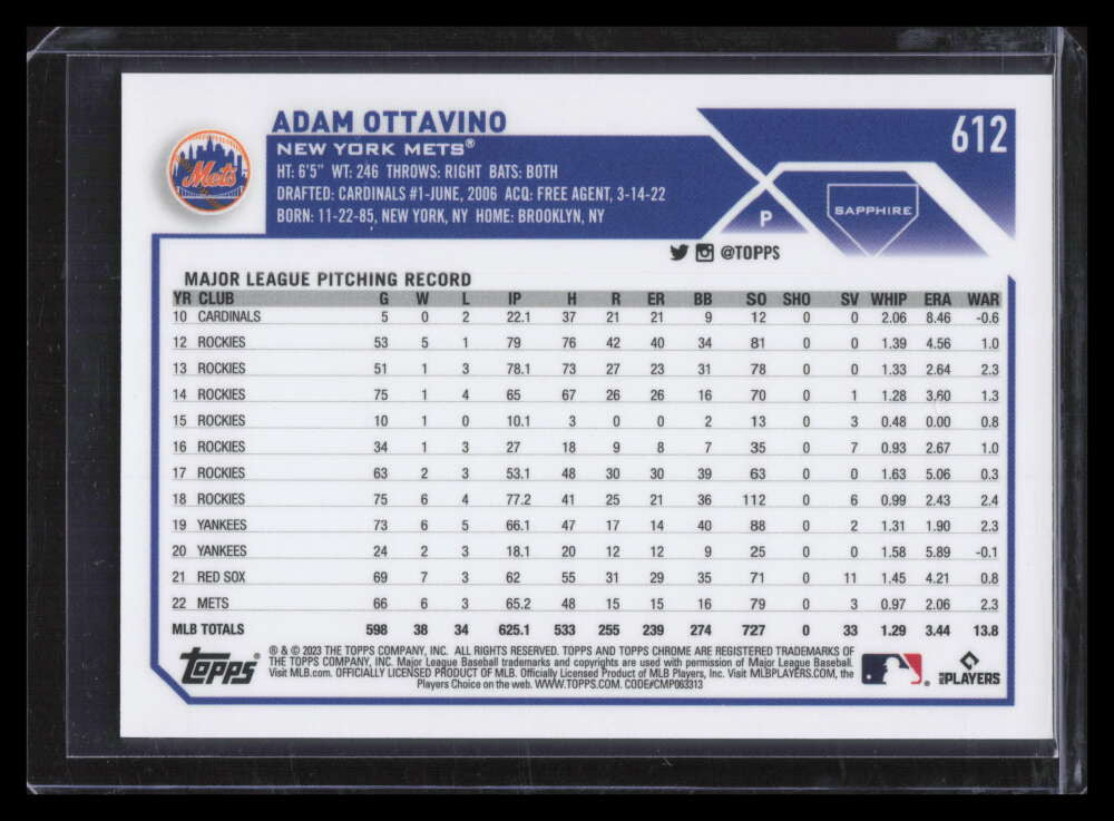 2023 Topps Chrome Sapphire Gold Refractor 612 Adam Ottavino 3/50