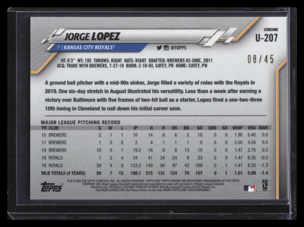 2020 Topps Chrome Update Sapphire Green Refractor u207 Jorge Lopez 8/45
