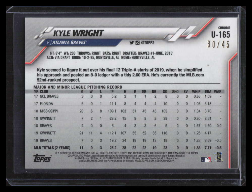 2020 Topps Chrome Update Sapphire Green Refractor u165 Kyle Wright 30/45