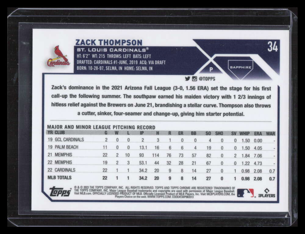 2023 Topps Chrome Sapphire Gold Refractor 34 Zack Thompson Rookie 5/50