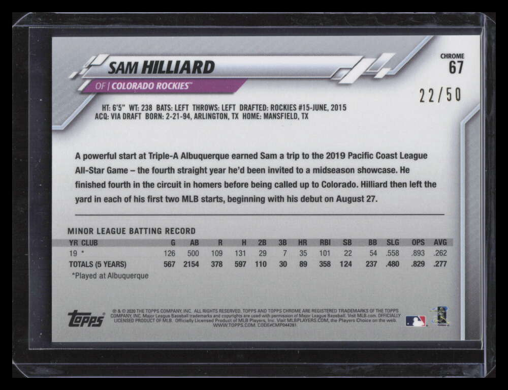 2020 Topps Chrome Ben Baller Gold Refractor 67 Sam Hilliard Rookie 22/50