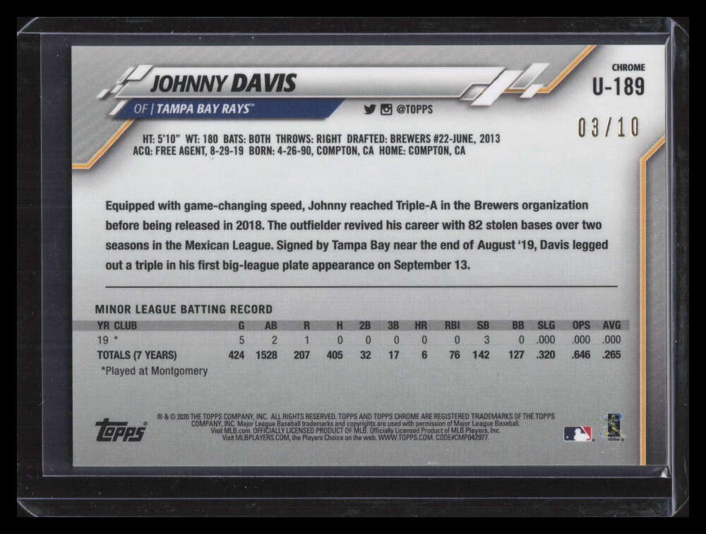 2020 Topps Chrome Update Sapphire Purple Refractor u189 Johnny Davis Rookie 3/10