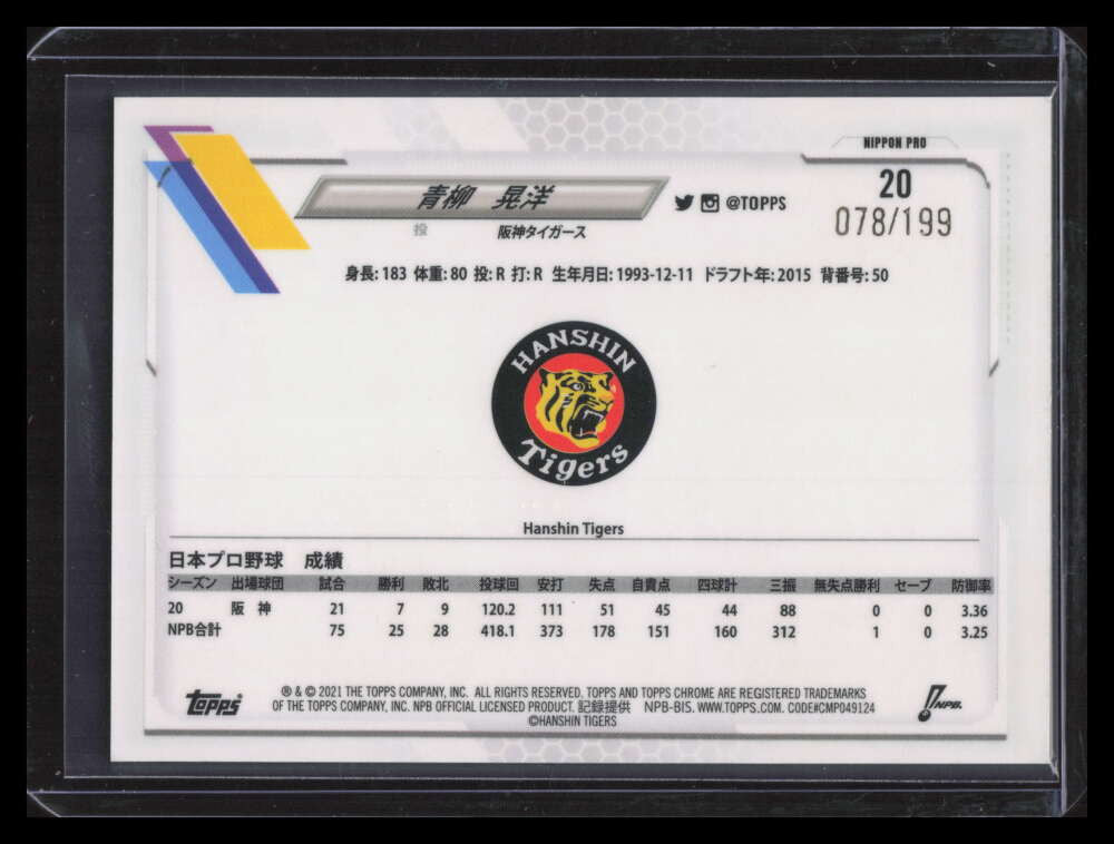 2021 Topps Chrome Nippon Aqua Refractor 20 Koyo Aoyagi 78/199