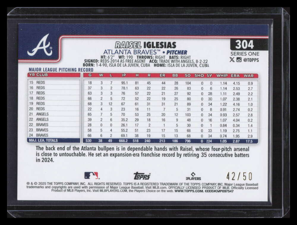 2025 Topps Gold Diamante Foil 304 Raisel Iglesias 42/50