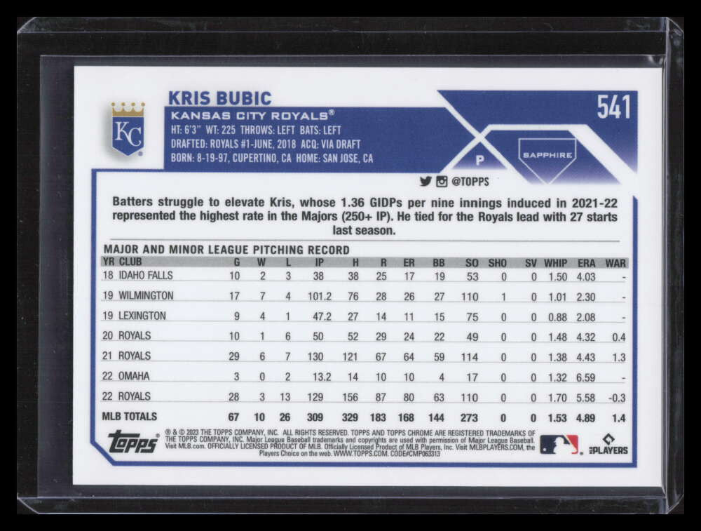 2023 Topps Chrome Sapphire Purple Refractor 541 Kris Bubic 2/10