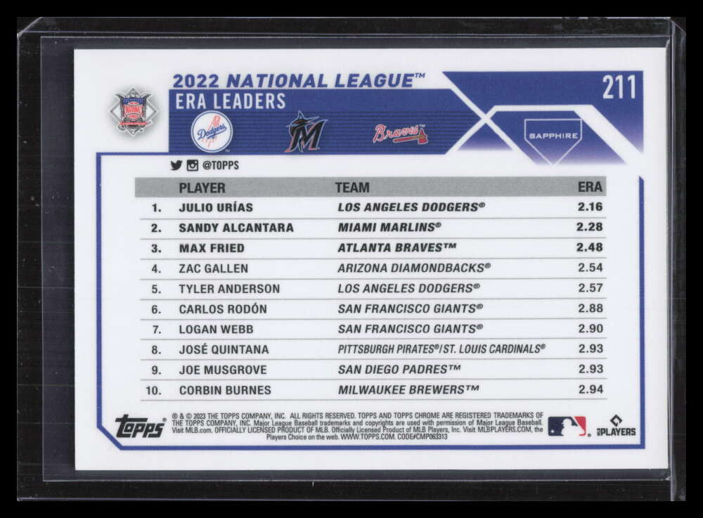 2023 Topps Chrome Sapphire Purple Refractor 211 Urias Alcantara Fried LL 7/10