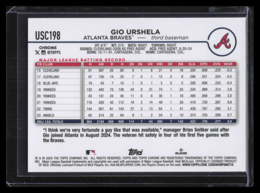 2024 Topps Chrome Update Gold Mini-Diamond Refractor usc198 Gio Urshela 19/50