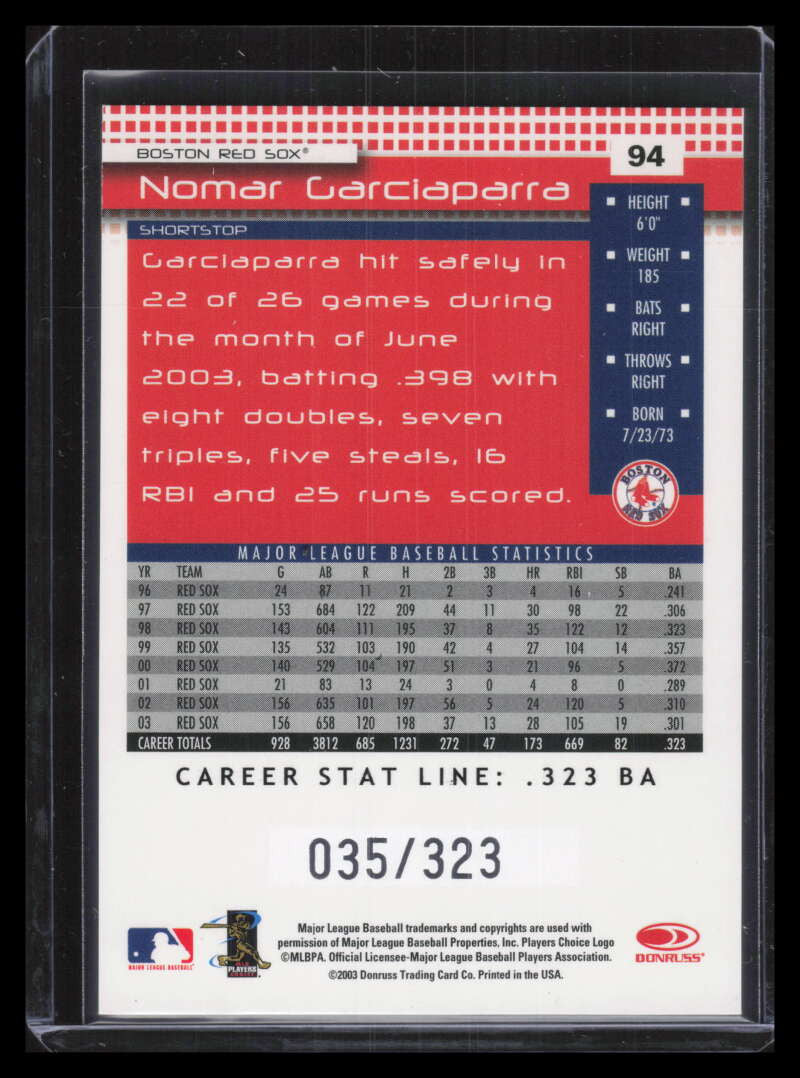 2004 Donruss Stat Line Career 94 Nomar Garciaparra 35/323