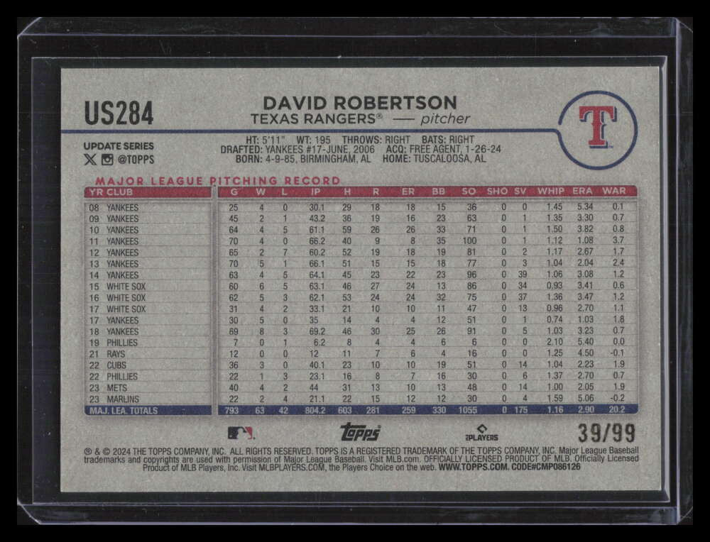 2024 Topps Update Vintage Stock us284 David Robertson 39/99