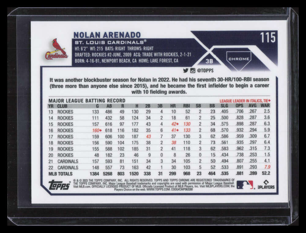 2023 Topps Chrome Logofractor Blue Refractor 115 Nolan Arenado 33/150