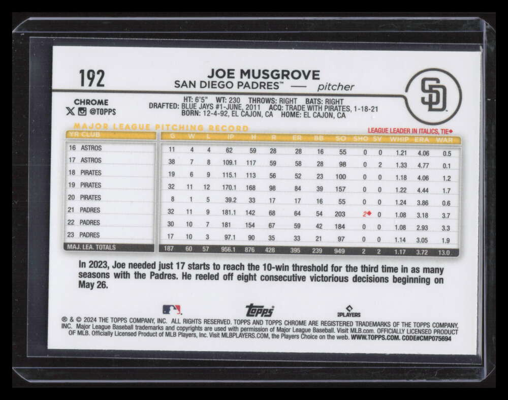 2024 Topps Chrome Gold Refractor 192 Joe Musgrove 42/50