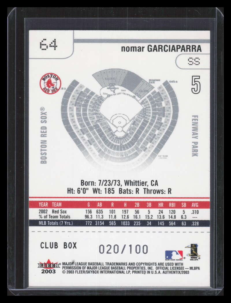 2003 Fleer Authentix Club Box 64 Nomar Garciaparra 20/100