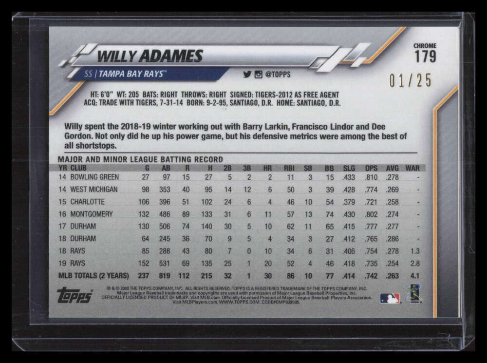 2020 Topps Chrome Orange Refractor 179 Willy Adames 1/25
