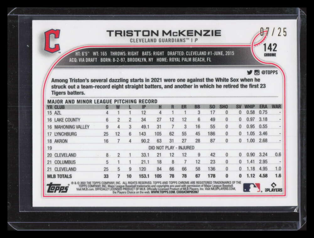 2022 Topps Chrome Orange Refractor 142 Triston McKenzie 7/25