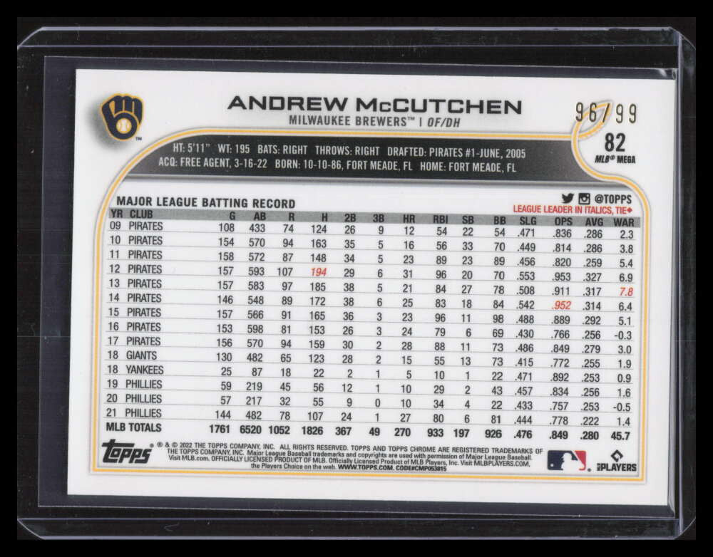 2022 Topps Chrome Logofractor Green Refractor 82 Andrew McCutchen 96/99