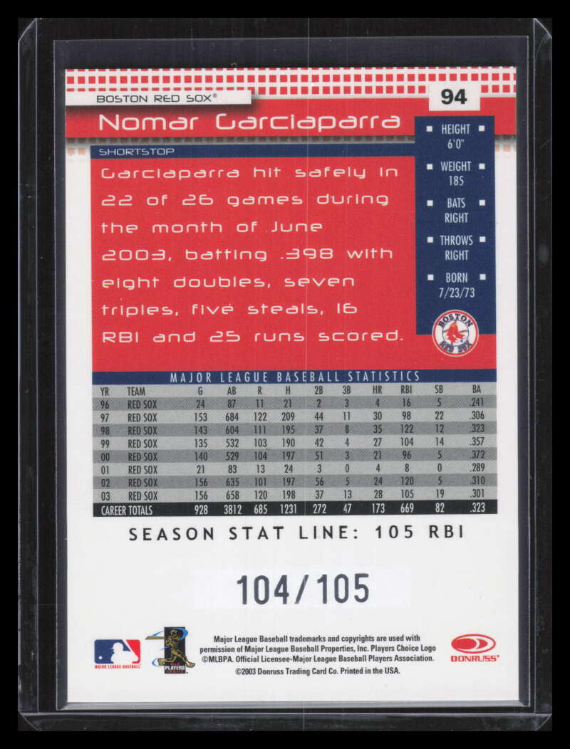 2004 Donruss Stat Line Season 94 Nomar Garciaparra 104/105