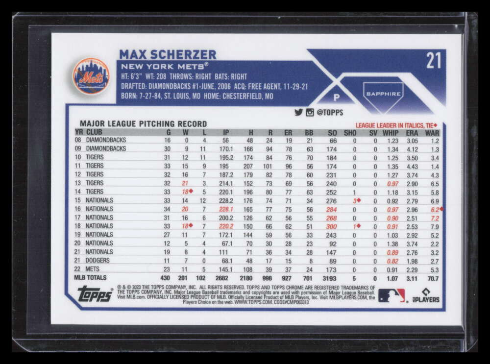2023 Topps Chrome Sapphire Gold Refractor 21 Max Scherzer 38/50