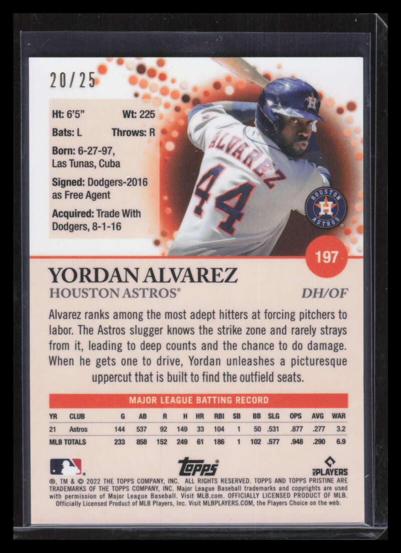 SOLD 159944 2022 Topps Pristine Orange Refractor 197 Yordan Alvarez 20/25