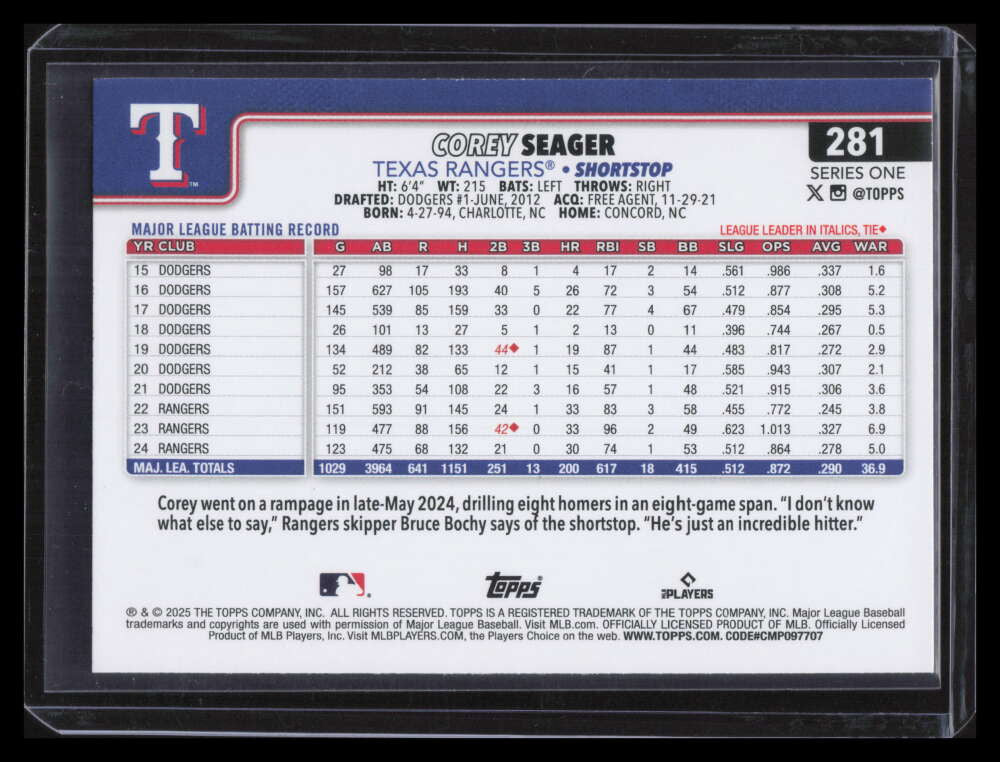 2025 Topps Team Color Border Variations 281 Corey Seager