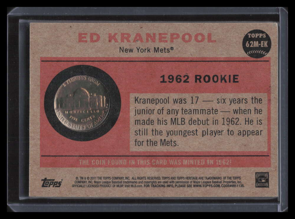 SOLD 159967 2011 Topps Heritage '62 Mint Coins Ek Ed Kranepool 1962 Genuine US Nickel