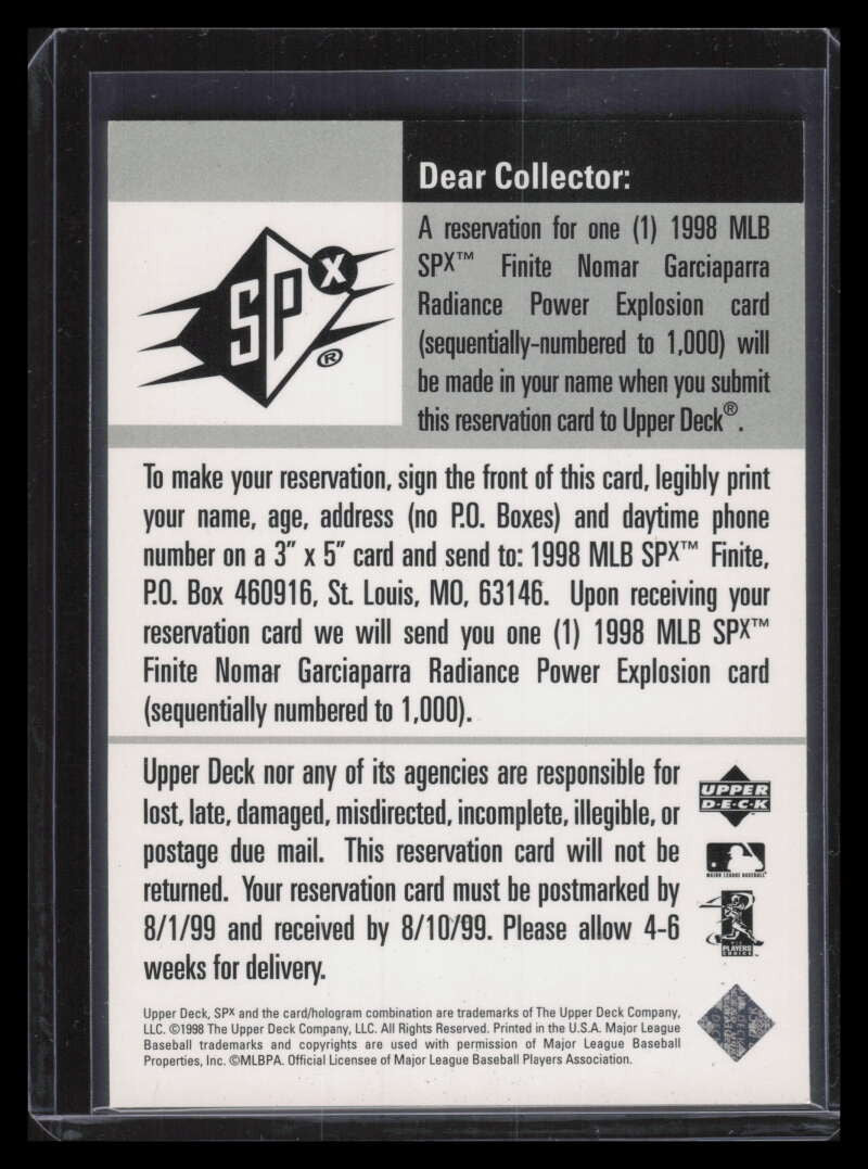1998 SPx Finite Radiance Trade Card 46 Nomar Garciaparra /1000