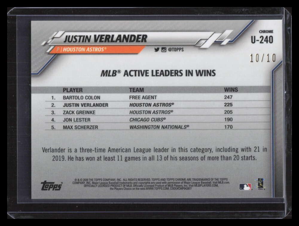 2020 Topps Chrome Update Sapphire Purple Refractor u240 Justin Verlander 10/10