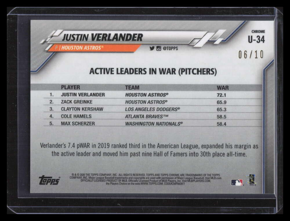 2020 Topps Chrome Update Sapphire Purple Refractor u34 Justin Verlander 6/10