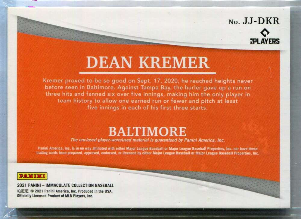 2021 Immaculate Collection Jersey Number 45 Dean Kremer Rookie Jumbo Patch 2/10