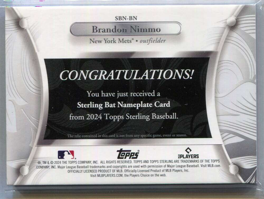 2024 Topps Sterling Bat Nameplates SBNBN Brandon Nimmo Bat Barrel 1/1