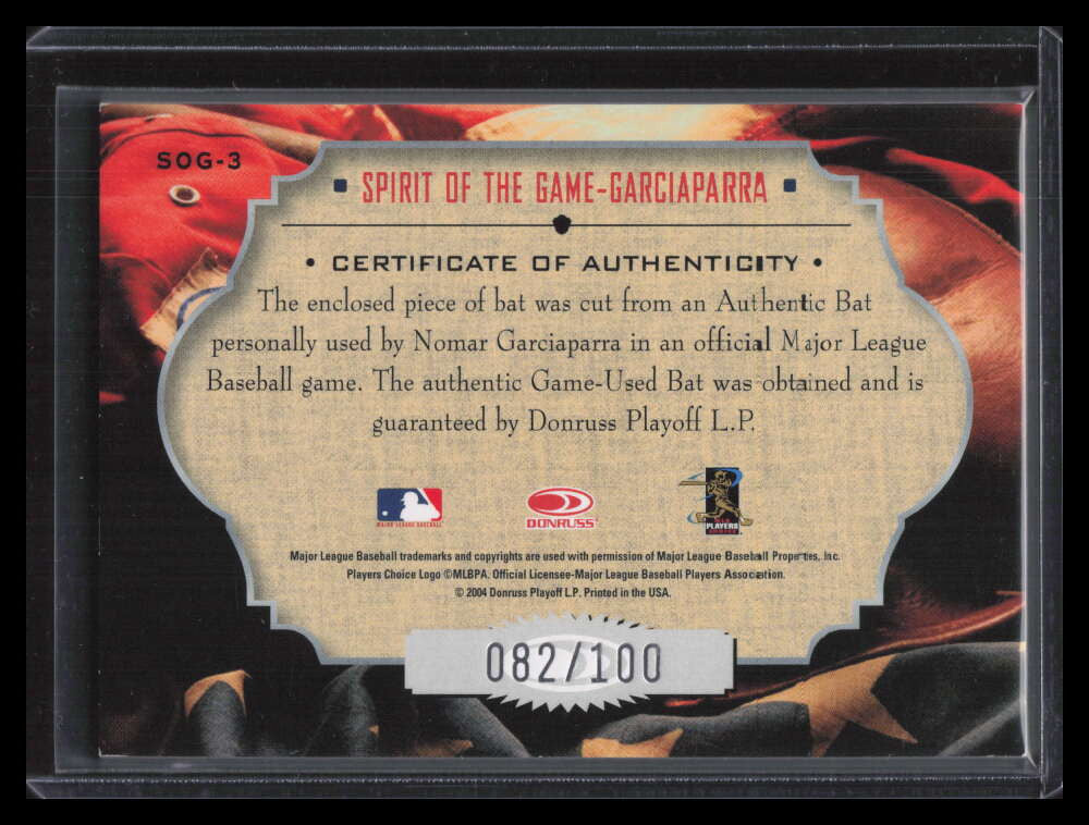 2004 Studio Spirit of the Game Material Bat sog3 Nomar Garciaparra Bat 82/100
