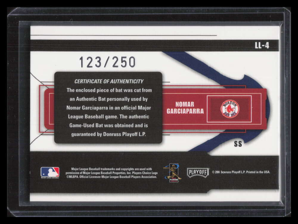 2004 Playoff Prestige League Leaders Material 4 Nomar Garciaparra Bat 123/250