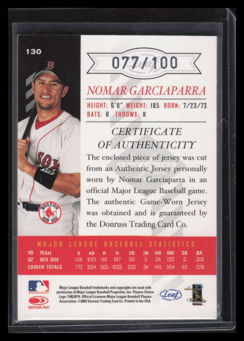 2003 Leaf Limited Threads 130 Nomar Garciaparra A Away Jersey 77/100