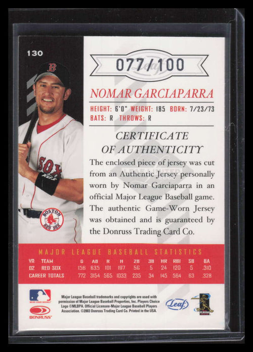 2003 Leaf Limited Threads 130 Nomar Garciaparra A Away Jersey 77/100