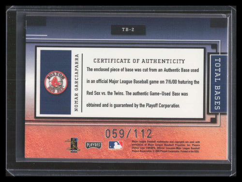 2003 Absolute Total Bases Materials 1b tb2 Nomar Garciaparra 7/6/00 Base 59/112