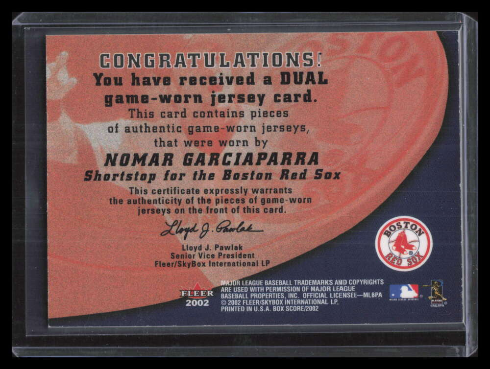 2002 Fleer Box Score Amazing Greats Dual Swatch 5 Nomar Garciaparra Dual Jersey