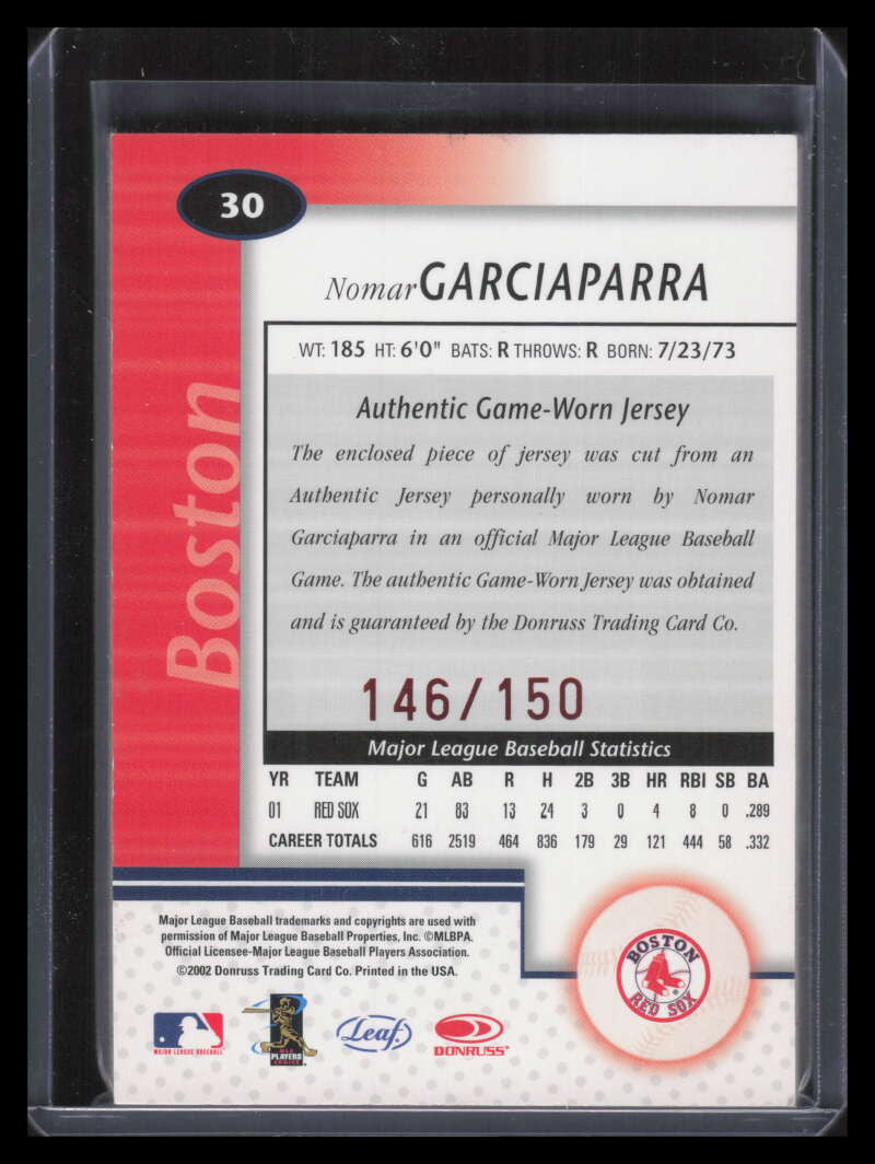 2002 Leaf Certified Mirror Red 30 Nomar Garciaparra Jersey 146/150