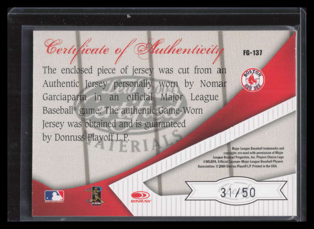 2004 Leaf Certified Fabric of the Game Reward 137 Nomar Garciaparra Jersey 31/50