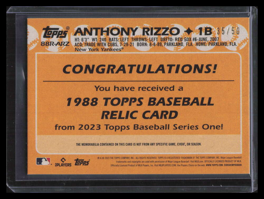 2023 Topps '88 Topps Relics Gold 88rarz Anthony Rizzo Jersey 35/50