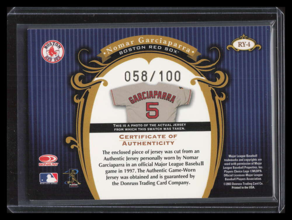 2003 Timeless Treasures Rookie Year 4 Nomar Garciaparra Jersey 58/100