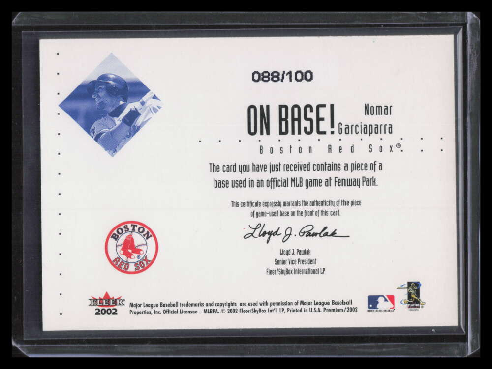 2002 Fleer Premium On Base! Game Used 4 Nomar Garciaparra Fenway Base 88/100