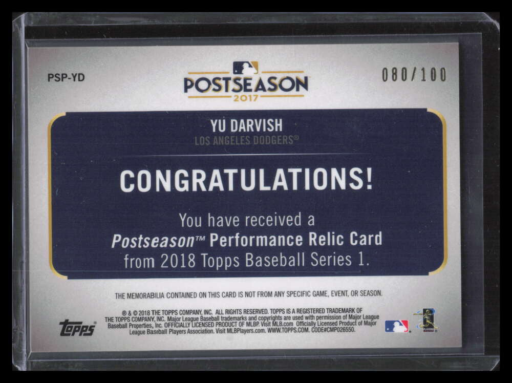 DELETE 160197 2018 Topps Postseason Performance Relics PSPYD Yu Darvish Jersey 80/100