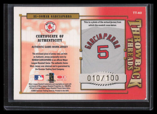 2002 Donruss Elite Throwback Threads 40 Nomar Garciaparra Jersey 10/100