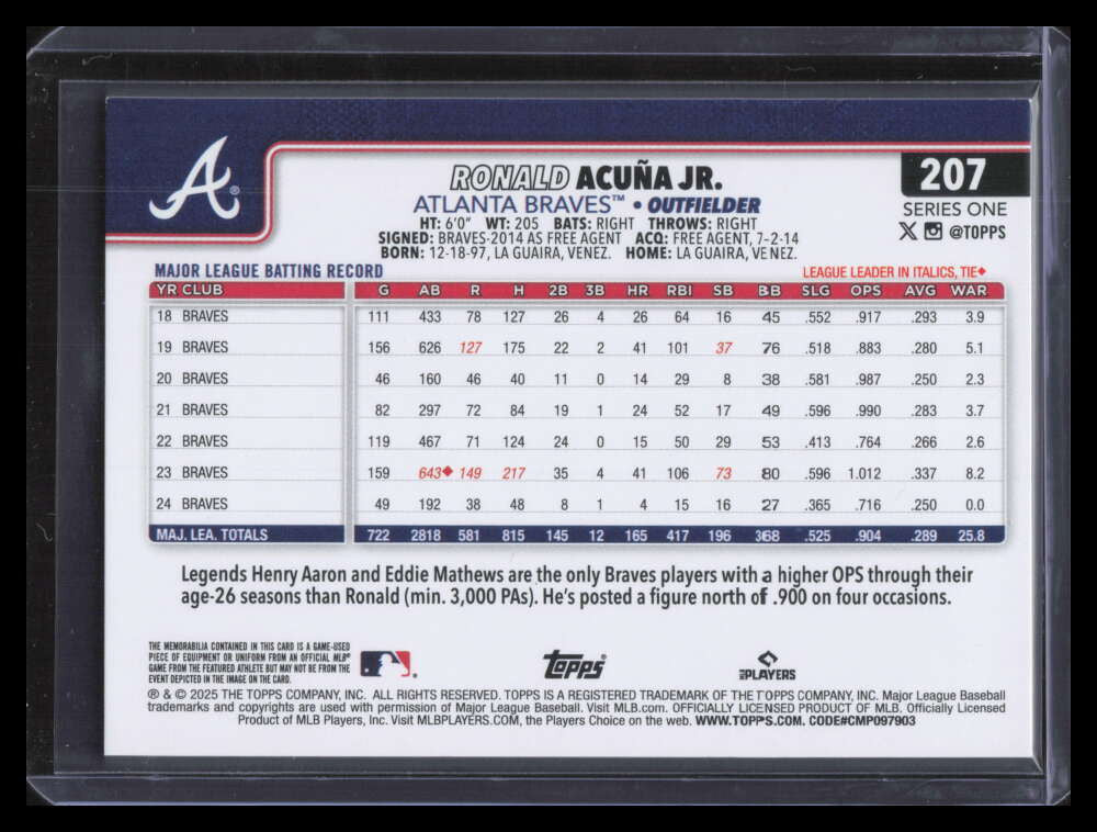 2025 Topps Real One Relics Orange Foil 207 Ronald Acuna Jr. Bat 9/25